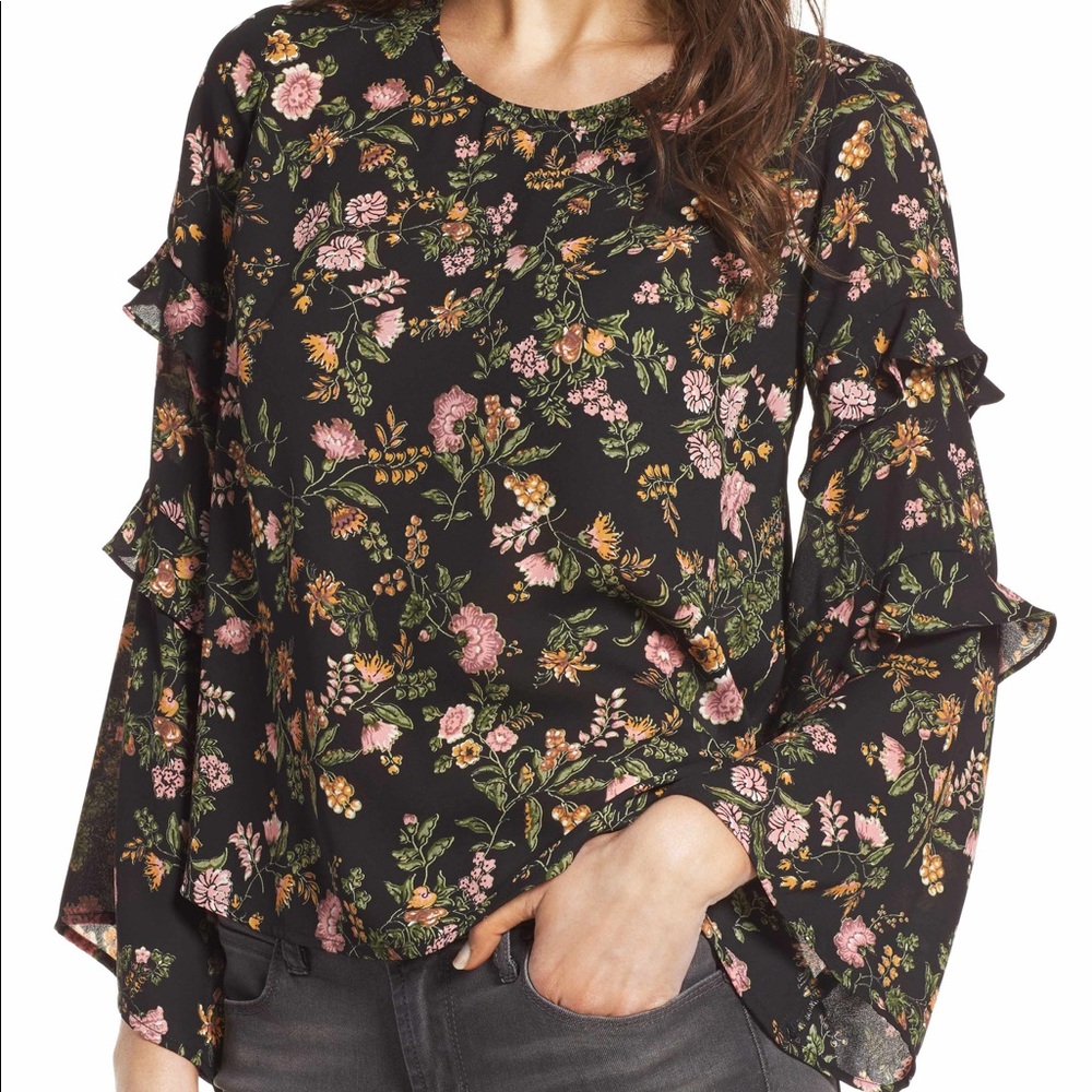 LUSH Black Floral Ruffle Bell Sleeve Blouse Top M